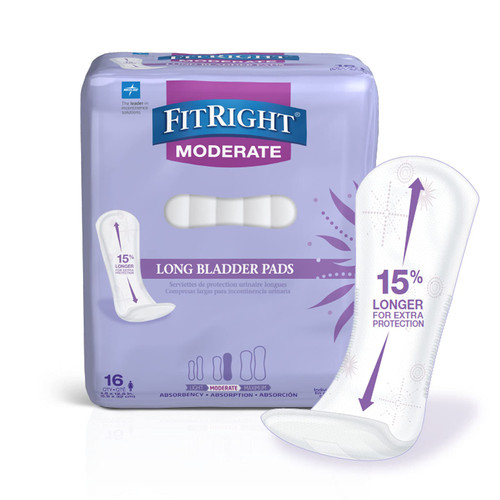 Medline FitRight Long Bladder Pads, Incontinence & Postpartum Protection, Moderate Absorbency, Long, 144 Count
