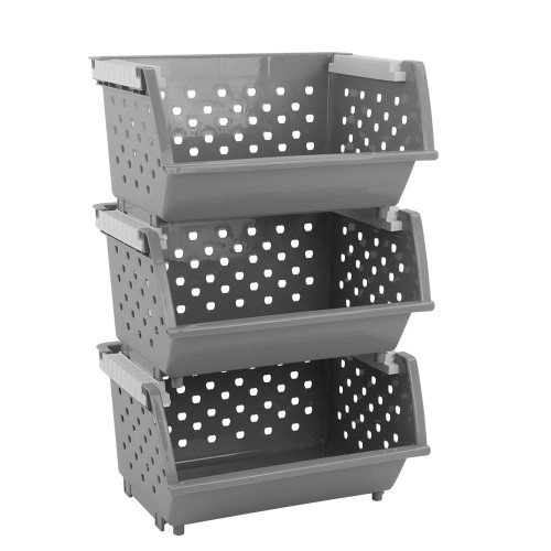 Bblina 3-tier Large Stackable Backets, Plastic Kitchen Stacking Storage Baskets Bins