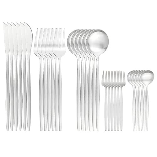 ONUIFIKE Silverware Set, Matte Black Dinnerware Cutlery Set Dinner Knife Cake Fork Dessert Coffee Spoon Flatware Stainless Steel Silverware Tableware Set (Color : Silver)