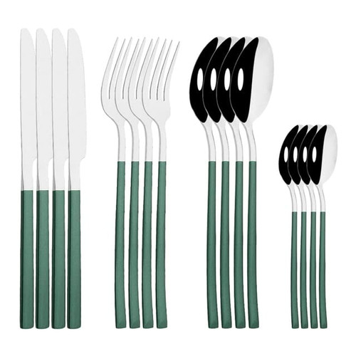 ONUIFIKE Silverware Set, 16Pcs Black Gold Cutlery Set Stainless Steel Dinnerware Knife Fork Spoon Dinner Tableware Party Kitchen Flatware Silverware Set (Color : Green SIlver)