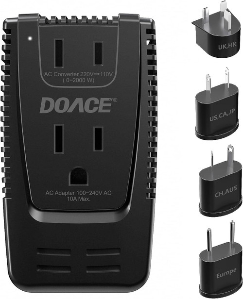 220V to 110V Converter, DoAce 2000W Travel Voltage Converter for Hair Dryer Straightener Curling Iron, 10A Power Adapter with 2 USB and EU/UK/AU/US Plugs (Black)