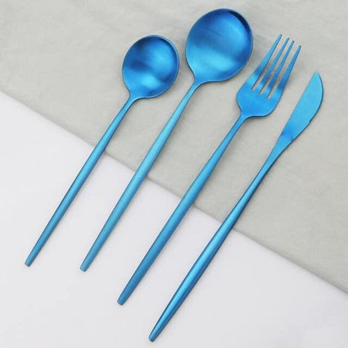 ONUIFIKE Silverware Set, 4set/16pcs Black Cutlery Set Stainless Steel Dinnerware Set Knives Fork Coffee Spoon Dinner Set Kitchen Silverware Tableware Set (Color : 4Set Blue)