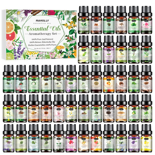 Essential Oils Set, Aromatherapy Essential Oil Kit for Diffuser, Massage, Skin Care (48 x 5ml) - Sandalwood, Eucalyptus, Lavender, Tea Tree, Peppermint Aromatherapy Oil