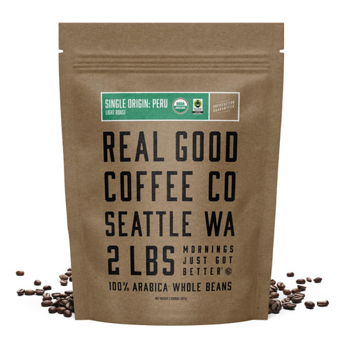 Real Good Coffee Company - Whole Bean Coffee - Organic Single Origin: Peru Light Roast Coffee Beans - 2 Pound Bag - 100% Whole Arabica Beans - Grind at Home, Brew How You Like