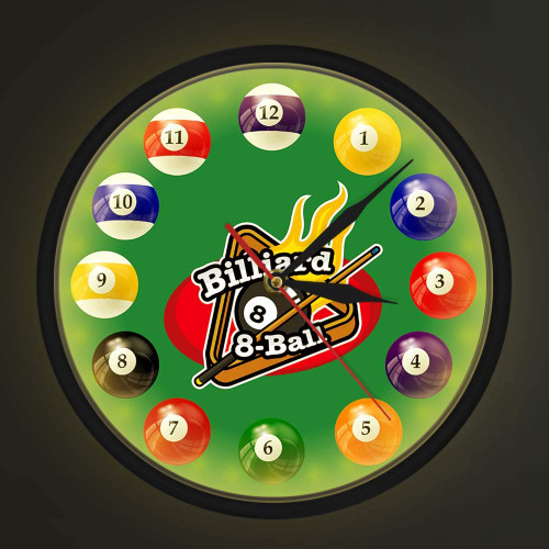 Geek Alerts Billiard Balls Colorful Silent Wall Clock with Sound Control LED Night Light Pool Snooker Sports Clock Pool Hall Game Room Metal Frame Wall Watch Billiard Players Gift