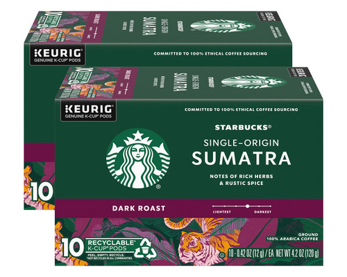 Starbucks Coffee Company Starbucks Single-Origin Coffee K-Cup Pods, Sumatra, Dark Roast Ground Coffee K-Cups for Keurig Brewing System, 100percent Arabica Coffee, 10 CT K-Cups/Box (Pack of 2 Boxes)