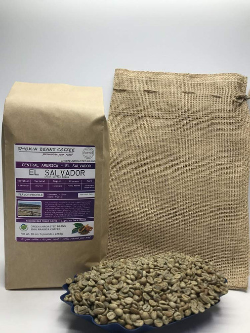 5-pound El Salvador (Unroasted Green Coffee Beans) premium Arabica grown in Central America fresh current-crop beans for home coffee roasters, specialty-grade coffee beans, includes a free burlap bag