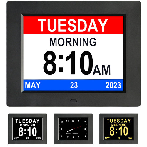 Golony 8 inch Digital Day Dementia Clock for Seniors, 12 Medication Reminders Calendar Extra Large Display Clock with Day of The Week, Date Time for Elderly Vision Impaired, Memory Loss,Easy Black