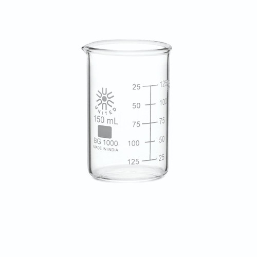 United Scientific BG1000-150 Borosilicate Laboratory Grade Glass Beakers, Griffin Low Form Beaker, Graduated with Spout, Designed for Laboratories & Chemistry Classrooms, 150mL (Pack of 12)