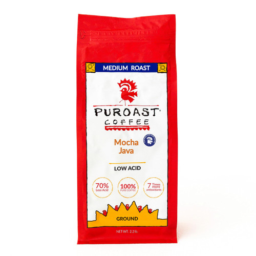Puroast Low Acid Coffee Ground Bold Mocha Java, Medium Roast, Certified Low Acid Coffee, pH 5.5+, Gut Health, 2.2 LB, Higher Antioxidant, Smooth for Espresso, Iced Coffee