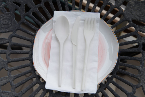 (100 Pack) Compostable Cutlery Kit Eco Friendly Fork, Spoon, Knife, Napkin 6.5 inch - CPLA Heat Resistant Disposable Utensil Kit Durable Cornstarch Bio Based Biodegradable Plastic Cutlery