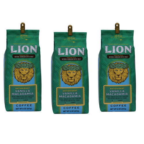 Lion Vanilla Macadamia Flavored Ground Coffee 3-Pack, Enriched with Hawaiian Coffee Fruit Extract, Light Roast, Hawaiian Inspired Taste - 8 Ounce Bags (Pack of Three) Lion Vanilla Macadamia Flavored Ground Coffee 3-Pack, Enriched with Hawaiian Coffee Fruit Extract, Light Roast, Hawaiian Inspired Taste - 8 Ounce Bags (Pack of Three)