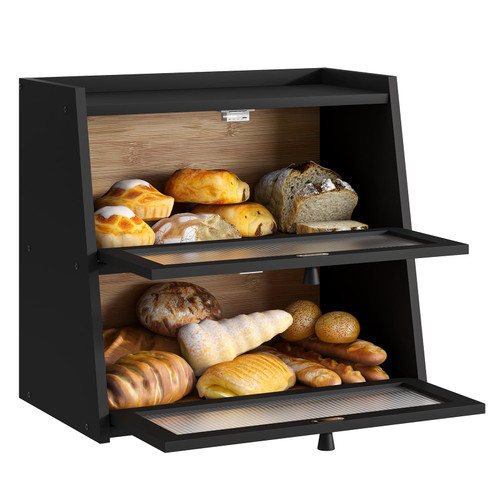 BMOSU Large Bread Box For Kitchen Bread Storage And Organization, Farmhouse Countertop Bread Box With Frosted Glass Window Bamboo Bread Box Self-Assembling Double layer(Black) BMOSU Large Bread Box For Kitchen Bread Storage And Organization, Farmhouse Countertop Bread Box With Frosted Glass Window Bamboo Bread Box Self-Assembling Double layer(Black)