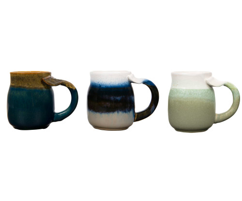 Creative Co-Op Stoneware Mug with Whale Tail Shaped Handle (Set of 3 Colors)