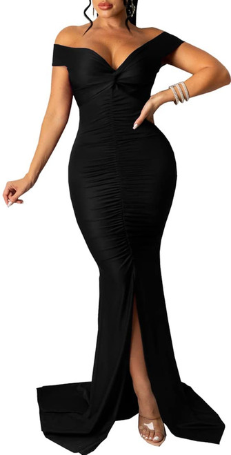 Off Shoulder Formal Dress for Women Ruched Sleeveless Prom Bodycon Sexy Slit Maxi Long Evening Gown Dresses Black Off Shoulder Formal Dress for Women Ruched Sleeveless Prom Bodycon Sexy Slit Maxi Long Evening Gown Dresses Black