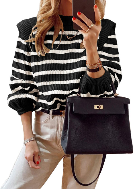 PRETTYGARDEN Women's Sweaters Casual Long Lantern Sleeve Crewneck Ribbed Knit Pullover Striped Jumper Tops Blouse (Black,X-Large)