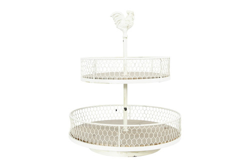 Creative Co-Op 2-Tier Wood & Metal Round Trays with Rooster Top