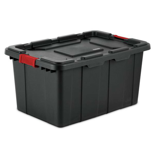 Sterilite 27 Gal Industrial Tote, Stackable Storage Bin with Latching Lid, Plastic Container with Heavy Duty Latches, Black Base and Lid, 1-Pack