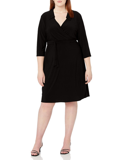 Star Vixen Women's Plus-Size 3/4 Sleeve Fauxwrap Dress, Black Solid, 3X