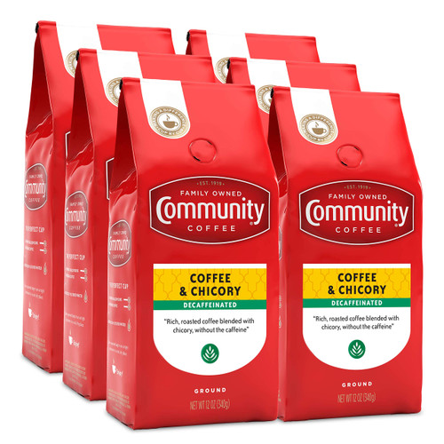 Community Coffee Coffee and Chicory Decaf Coffee, Medium Dark Roast Ground Coffee, 12 Ounce Bag (Pack of 6) Community Coffee Coffee and Chicory Decaf Coffee, Medium Dark Roast Ground Coffee, 12 Ounce Bag (Pack of 6)