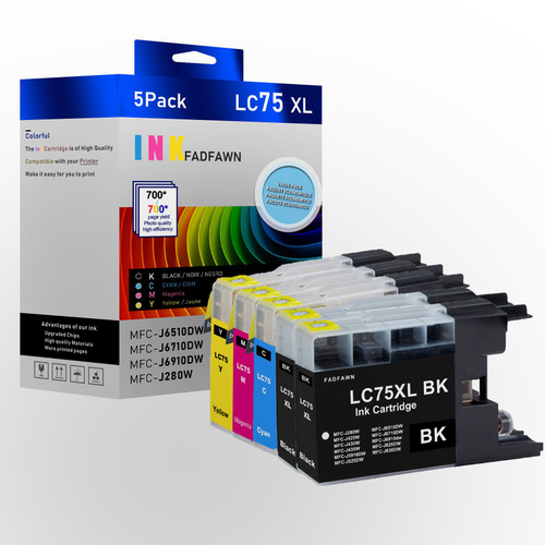 LC75XL High Yield Ink Cartridges (5-Pack 2 Black,1 Cyan,1 Magenta,1 Yellow)- FDAN Compatible Replacement for Brother LC75 LC71 LC79 XL Ink Cartridges MFC-J6510DW MFC-J6710DW MFC J6910DW J280W Printer