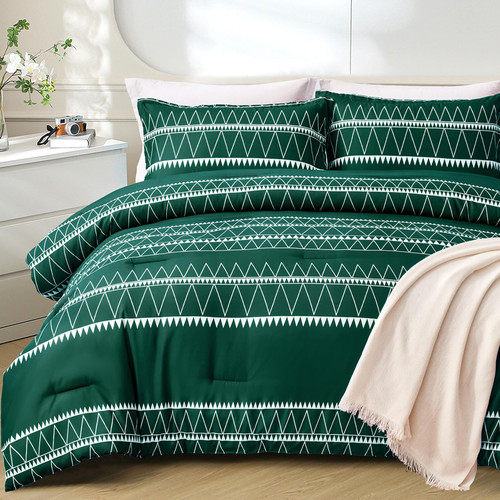 WONGS BEDDING Emerald Green Comforter Set King, Reversible Boho Triangle Striped Down Alternative Comforter Set for King Bed - 3 Pieces (1 Comforter + 2 Pillowcases), Microfiber Bedding Set 104"x 90"