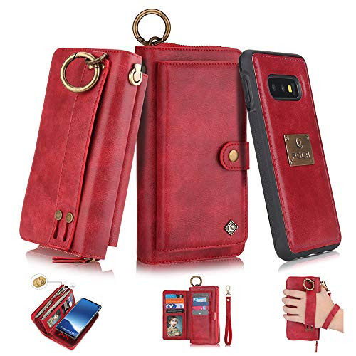 iPhone Xs Max Flip Wallet Case,SXTBMR Magnetic Detachable Handmade Cowhide Wallet Case Leather,Zipper Wallet Flip Protective Case Cover with Card Holder [Wrist Strap] for iPhone Xs Max Red
