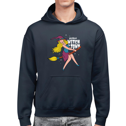 Halloween Gift for Witch Lovers Prettiest Witch in Town Flying On a Broom Quote Black and Muticolor Unisex Hoodie