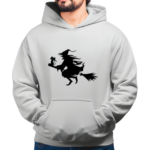 Halloween Gift Witch Cat Riding Broom Racerback Tank Gray and Muticolor Unisex Hoodie