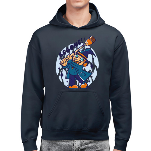 Magical Gift for Kids Begone Cute Wizard with Broom Design for Wizard Fans Black and Muticolor Unisex Hoodie
