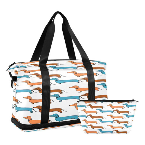 ALAZA Cartoon Dachshund Dog Travel Duffel Bag with Shoe Compartment Tote Bag Weekender Overnight Bag with Wet Pocket for Travel,Gym,Yoga,Swimming