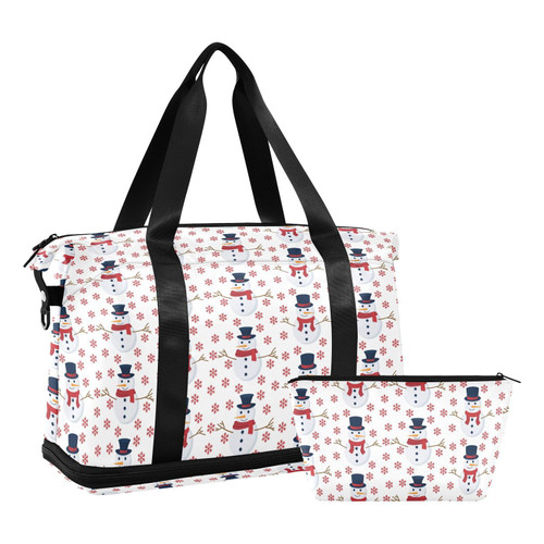 ALAZA Christmas Snowmanand Red Snowflake Travel Duffel Bag for Women Men Sports Gym Bag with Shoe Compartment Tote Weekender Overnight Bag with Wet Pocket for Travel, Gym,Yoga,Swimming