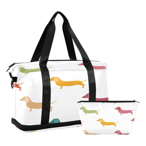 ALAZA Dachshund Dog White Cute Travel Duffel Bag with Shoe Compartment Tote Bag Weekender Overnight Bag with Wet Pocket for Travel,Gym,Yoga,Swimming