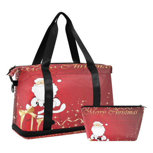 ALAZA Merry Christmas Santa Claus Red Travel Duffel Bag for Women Men Sports Gym Bag with Shoe Compartment Tote Weekender Overnight Bag with Wet Pocket for Travel, Gym,Yoga,Swimming