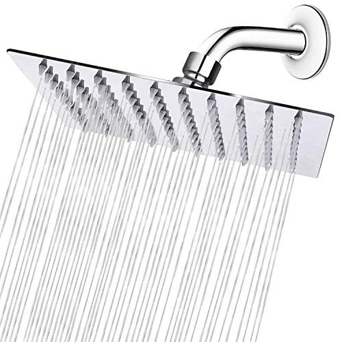 HIGH PRESSURE Shower Head, 8 Inch Rain Showerhead, Ultra-Thin Design-Best Pressure Boosting, Awesome Shower Experience Even At Low Water Flow, Nearmoon Square Stainless Steel Rainfall Shower Head