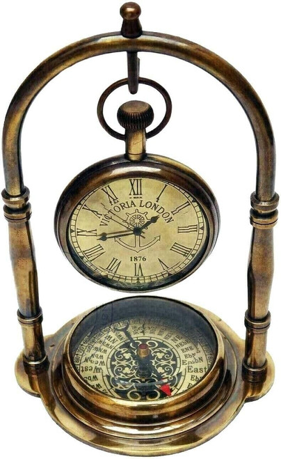 Antique Victoria London Table Clock -Vintage Brass Maritime Nautical Compass Table-top Clock With Nautical Theme - Brass Desk Table Clock With Maritime Brass Compass.