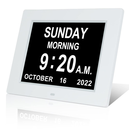 Irednolw Digital Day Calendar Clock 8 Inch Large Display Digital Clock with Day and Date for Elderly,Alzheimer's Dementia Clock for Seniors with 12 Alarms,Non-Abbreviated Large Number,White