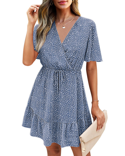 KIRUNDO Women's Summer Dresses 2024 Spring Casual Short Sleeve V Neck Ruffle Floral Print High Waist Flowy Mini Dress with Belt(Large, Dark Blue)