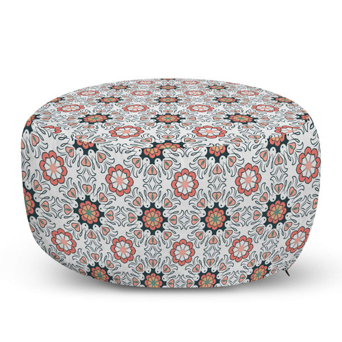 Lunarable Asian Pouf Cover with Zipper, Continuous Ethnic Pattern with Floral Heart Motifs Oriental Ornaments Print, Soft Decorative Fabric Unstuffed Case, 30" W X 17.3" L, Coral and Multicolor