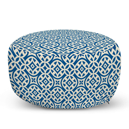 Lunarable Geometric Pouf Cover with Zipper, Retro Continuous Interlacing Pattern with Symmetric Geometric Shapes, Soft Decorative Fabric Unstuffed Case, 30" W X 17.3" L, Cobalt Blue and White