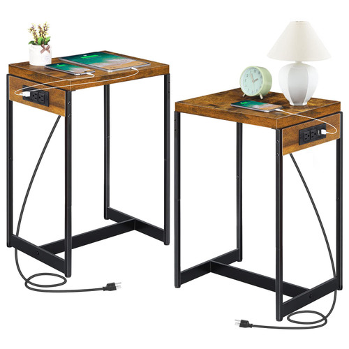 Nightstands Set of 2 with Charging Station, 2 Tier End Table with USB Ports and Outlets, Narrow Side Tables Bedroom with Storage Shelf, Bedside Tables for Bedroom, Living Room,Sofa Couch(Rustic Brown)