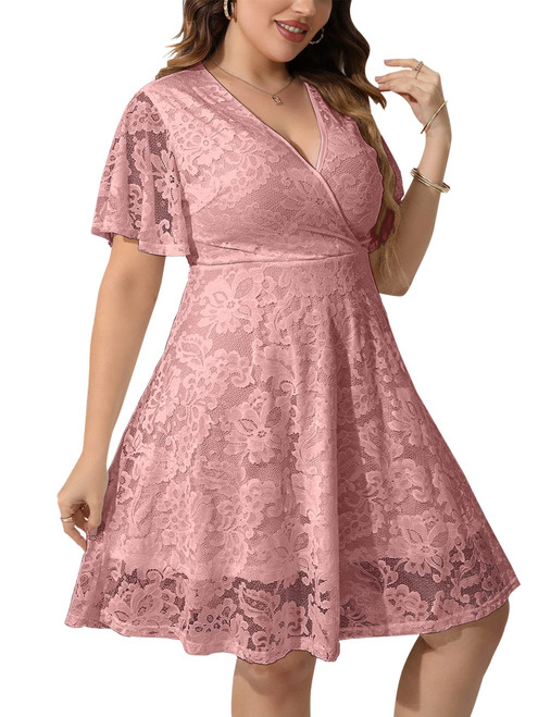 SCOMCHIC Plus Size Lace Cocktail Dresses for Women V Neck Bell Sleeve Short A line Swing Bridal Shower Dress Pink 2XL SCOMCHIC Plus Size Lace Cocktail Dresses for Women V Neck Bell Sleeve Short A line Swing Bridal Shower Dress Pink 2XL