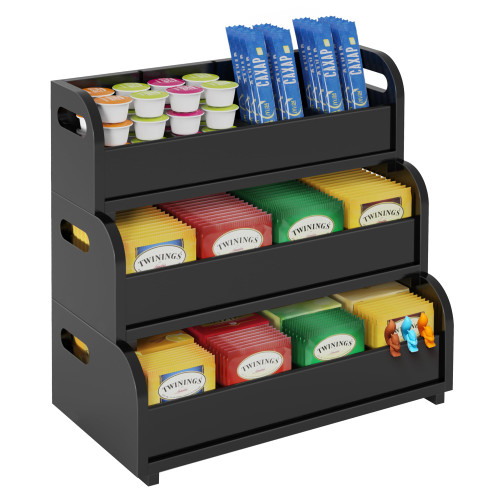 Tea Holder for Tea Bags Organizer - Black Bamboo Tea Organizer for Tea Bags 3-Tier Stackable Wall Mount Large Capacity Tea Storage Box to Pantry Countertop Kitchen Office