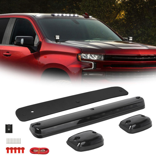 Xotic Tech 3pcs Smoked Lens Cab Marker Light White 12-LEDs Top Roof Clearance Running Lights Assembly, Compatible with Chevrolet Silverado or GMC Sierra 1500 2500 3500 2007-2013, 2500HD 3500HD 2007-up