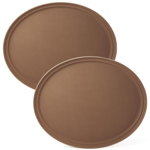 CURTA 2-Pack Restaurant Grade Non-Slip Tray, NSF, Oval 19-Inch x 23-Inch, Plastic Rubber Lined Round Serving Tray, Brown