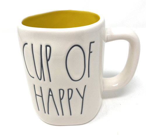 Rae Dunn CUP OF HAPPY White Ceramic Mug Yellow Interior Inscribed LL Black