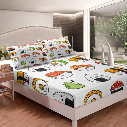 Sushi Pattern Bedding Set Queen Size Kids Cute Bed Sheet Set for Girls Teens Bedroom Decor Cartoon Japanese Style Fitted Sheet Soft Microfiber Kawaii Bed Cover (1 Fitted Sheet + 1 Pillow Case) Sushi Pattern Bedding Set Queen Size Kids Cute Bed Sheet Set for Girls Teens Bedroom Decor Cartoon Japanese Style Fitted Sheet Soft Microfiber Kawaii Bed Cover (1 Fitted Sheet + 1 Pillow Case)