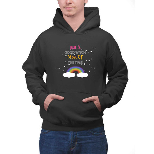 Funny Witchy Hat Broom Graphic, Gift for Girls and Women on Birthday - Gray and Muticolor Multi Size Black Pullover Hoodie