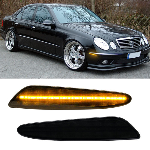 Aexploer LED Side Marker Lights Compatible With W211 E-Class E320 E350 E500 E55 for AMG 2003-2006 Front Bumper Light Assembly Replacement (Smoked Lens)