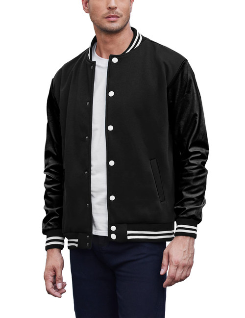 COOFANDY Men Varsity Jackets Leather Sleeve Slim Fit College Baseball Letterman Bomber Coat Black Large